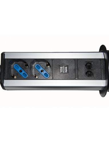 Multipresa Da Tavolo A Scomparsa Con 2 Prese 16A Femmina Ita/Schuko, 1 Rj45, 1 Rj11, 2 Usb