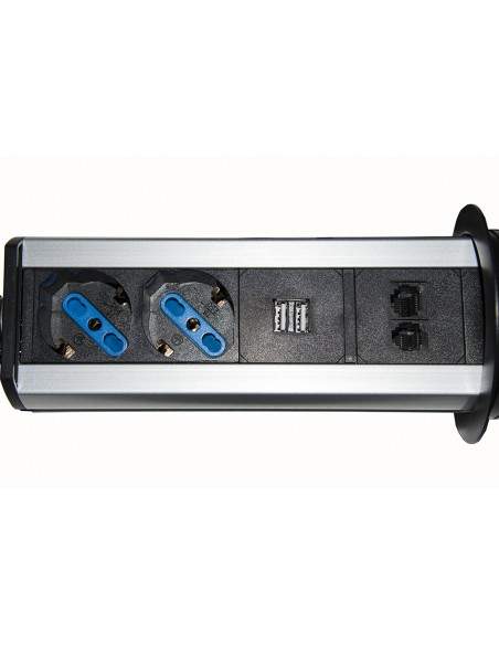 Multipresa Da Tavolo A Scomparsa Con 2 Prese 16A Femmina Ita/Schuko, 1 Rj45, 1 Rj11, 2 Usb