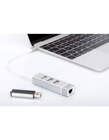 Hub Usb 2.0 Con 3 Porte Usb 3.0 Tipo "A" E 1 Porta Rete Rj45", Connettore Maschio Tipo "C"