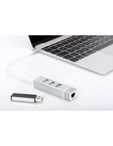 Hub Usb 2.0 Con 3 Porte Usb 3.0 Tipo "A" E 1 Porta Rete Rj45", Connettore Maschio Tipo "C"