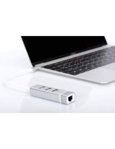 Hub Usb 2.0 Con 3 Porte Usb 3.0 Tipo "A" E 1 Porta Rete Rj45", Connettore Maschio Tipo "C"