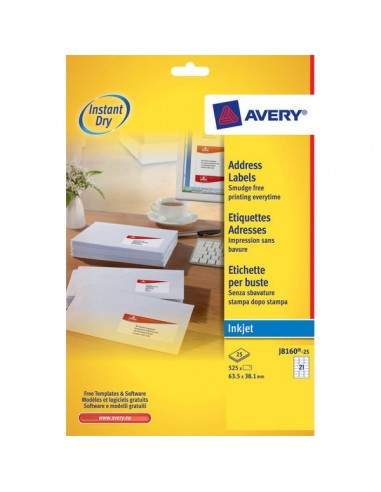 Etichette bianche QuickDry per indirizzi Avery - 63,5x38,1 mm - 21 et/ff - J8160-25 (conf.25)