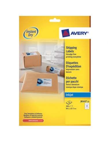 Etichette bianche QuickDry per indirizzi Avery - 99,1x67,7 mm - 8 et/ff - J8165-25 (conf.25)