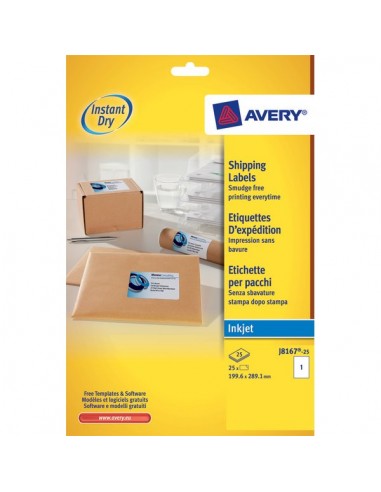 Etichette bianche QuickDry per indirizzi Avery - 199,6x289,1 mm - 1 et/ff - J8167-25 (conf.25)