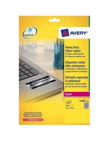 Etichette poliestere argento Laser Avery -  25,4x10mm - 189 - L6008-20 (conf.20)