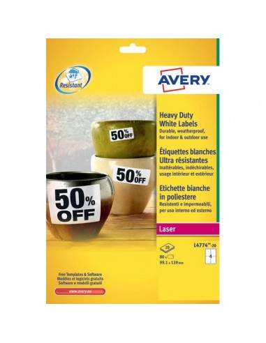 Etichette poliestere bianco Laser Avery - 99,1x139 mm - 4 - L4774-20 (conf.20)