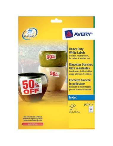 Etichette poliestere per stampanti inkjet Avery - 64,6x33,8 mm - 24 et/ff - J4773-10 (conf.10)