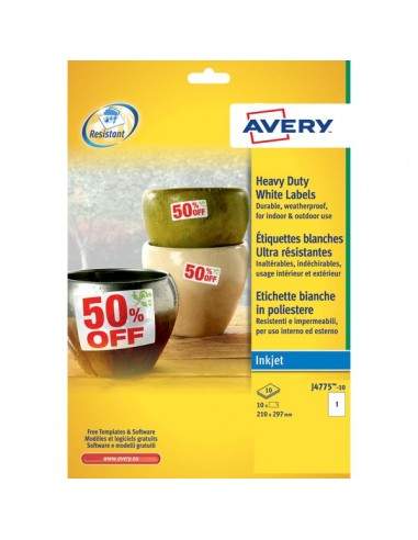 Etichette poliestere per stampanti inkjet Avery - 210x297 mm - 1 et/ff - J4775-10 (conf.10)