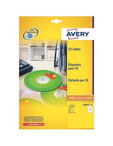 Etichette Classiche CD Avery per stampanti Laser ed Inkjet - bianco - 2 et/ff - L6043-25 (conf.25)