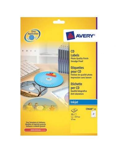 Etichette Full-Face CD Avery per stampanti Inkjet - bianco pat. opaco - 2 et/ff - J8676-25 (conf.25)
