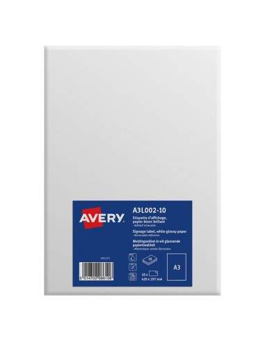 Etichette A3 carta bianca Avery - da -5°C a +60°C - 297x420 mm - A3L001-10 (conf.10)
