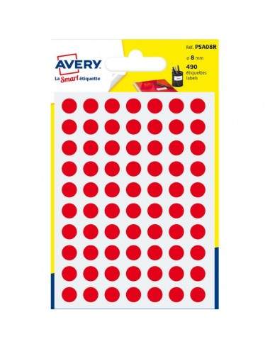 Etichette rotonde in bustina Avery - rosso - diam. 8 mm - 70 - PSA08R (conf.7)
