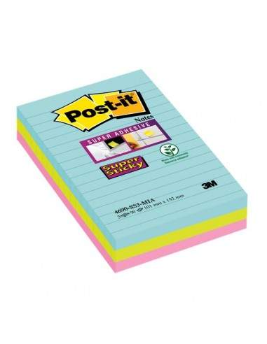 Foglietti Post-it® Super Sticky Formato XXL a righe - 101x152 mm -   acqua , verde , rosa - 4690-SS3-MIA (conf.3)