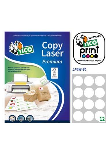 Etichetta Adesiva Lp4W Bianca 100Fg A4 Tonda Ø60Mm (12Et/Fg) Laser Tico - LP4W-60 Tico - 1