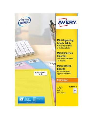 Mini etichette per indirizzi Avery 45,7x25,4 mm bianco Laser 40 et./foglio Conf. 15 fogli - L7654-15 Avery - 1