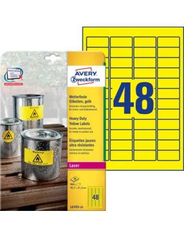 Etichette permanenti in poliestere Avery 45,7x21,2 mm giallo Laser 48 et./foglio Conf. 20 fogli - L6103-20  - 1