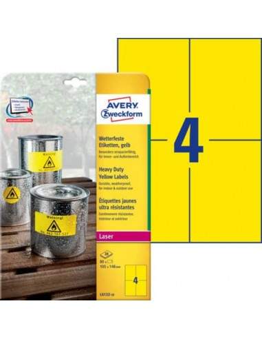 Etichette permanenti in poliestere Avery 105x148 mm giallo Laser 4 et./foglio Conf. 20 fogli - L6132-20  - 1