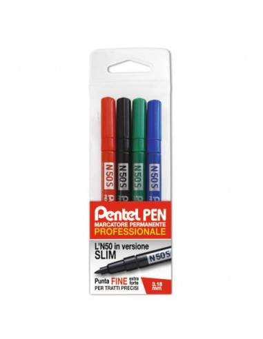 Marcatore permanente Pentel N50 Slim punta conica 3,18 mm assortiti 4 pezzi - 0022066 Pentel - 1