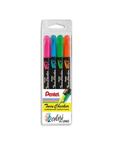 Evidenziatori Pentel Twin Checker a doppia punta 1-3 mm assortiti Conf. 4 pezzi - 0022142 Pentel - 1