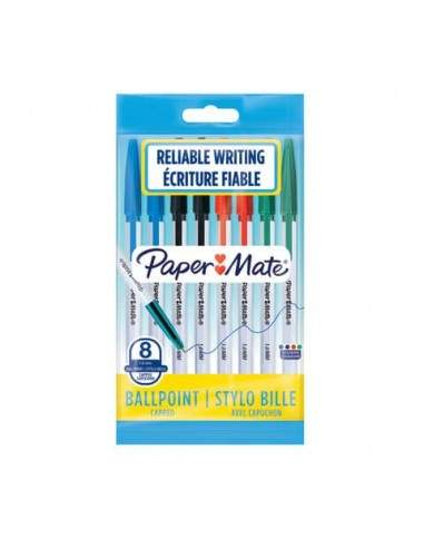 Penne a sfera con cappuccio Paper Mate PM 045 1 mm Nero/Blu/Rosso/Verde Conf. 8 pezzi - 2084416  - 1