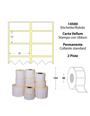 Rotolo da 14500 etichette - 35x13 - My Label - Carta Vellum - d.i. 40 d.e. 154- adesivo permanente - neutra bianca - gap 3,039 