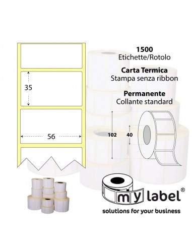 Rotolo da 1500 etichette - 56x35 - Termica Eco - d.i. 40 d.e. 102 - adesivo permanente - neutra bianca - gap 3,092