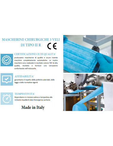 Conf. 50 Mascherina chirurgica 3 veli di tipo II R - Made in Italy - UNI EN 14683:2019 / 10993-l :2010