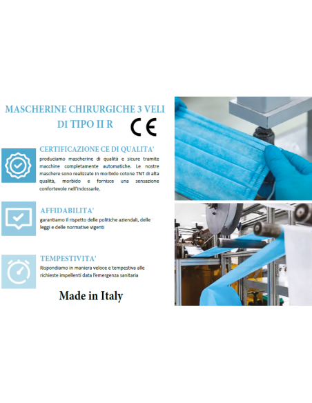 Conf. 50 Mascherina chirurgica 3 veli di tipo II R - Made in Italy - UNI EN 14683:2019 / 10993-l :2010