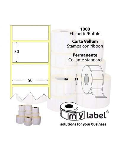 Rotolo da 1000 etichette - 50x30 - Carta Vellum - d.i. 25 d.e. 86 - adesivo permanente - neutra bianca