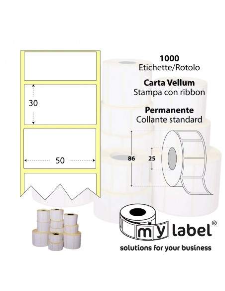 Rotolo da 1000 etichette - 50x30 - Carta Vellum - d.i. 25 d.e. 86 - adesivo permanente - neutra bianca