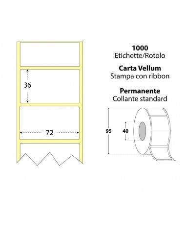 Rotolo da 1000 etichette - 72x36 - Carta Vellum - d.i. 40 d.e. 95 - adesivo permanente - neutra bianca - gap 2,091