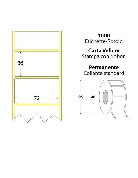 Rotolo da 1000 etichette - 72x36 - Carta Vellum - d.i. 40 d.e. 95 - adesivo permanente - neutra bianca - gap 2,091