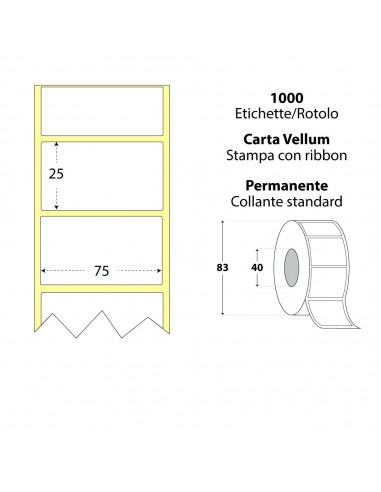 Rotolo da 1000 etichette - 75x25 - My Label - Carta Vellum - d.i. 40 d.e. 83 - adesivo permanente - neutra bianca - gap 2,576