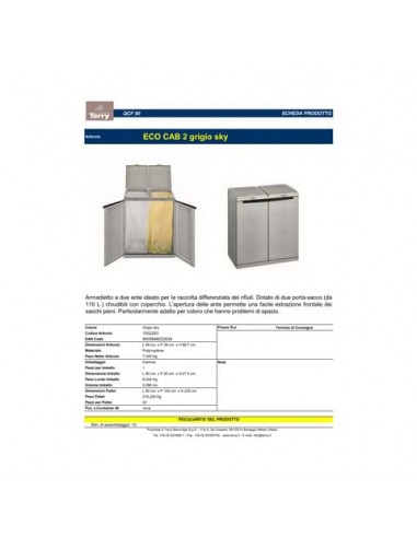 Contenitore EcoCab 2 per raccolta differenziata - 68x39x88,7 cm - 2 portasacco da 110 L ciascuno - grigio/nero - Terry Terry Sto