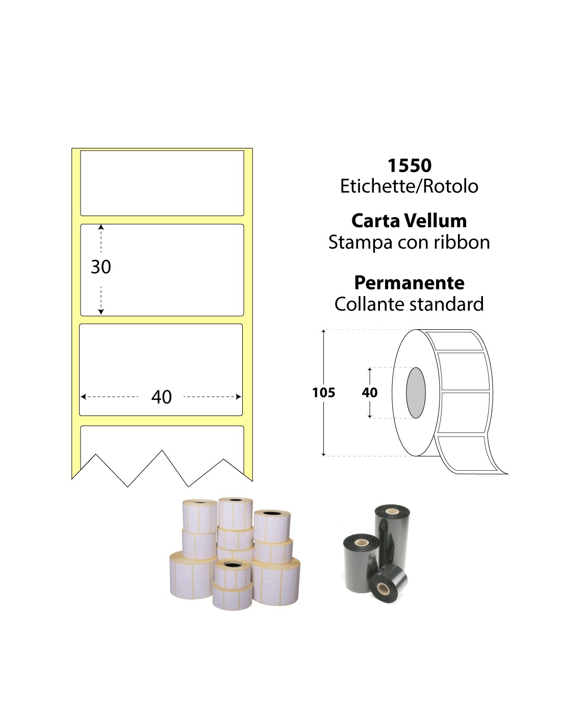 Etichette Adesive 40X30mm foro 40 in carta termica a rotoli