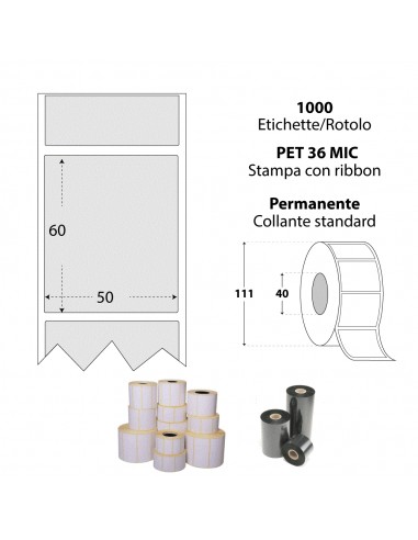 Rotolo da 1000 etichette adesive - 50x60 mm - Poliestere Argentato da 36 mic - Anima 40 - My Label