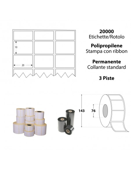 Rotolo da 20000 etichette adesive - 20x10 mm - Polipropilene Opaco - Anima 76 a 3 Piste - My Label
