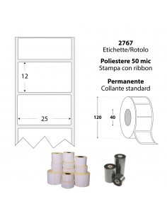Rotolo da 2767 etichette adesive - 25x12 mm - Poliestere Bianco Lucido da 50 mic - Anima 40 - My Label My Label - 2