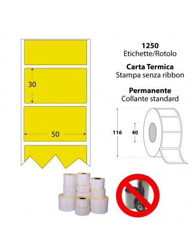 Rotolo da 1250 etichette adesive - 50x30 mm - Fondo Giallo - Termica Eco - Anima 40 - My Label My Label - 1