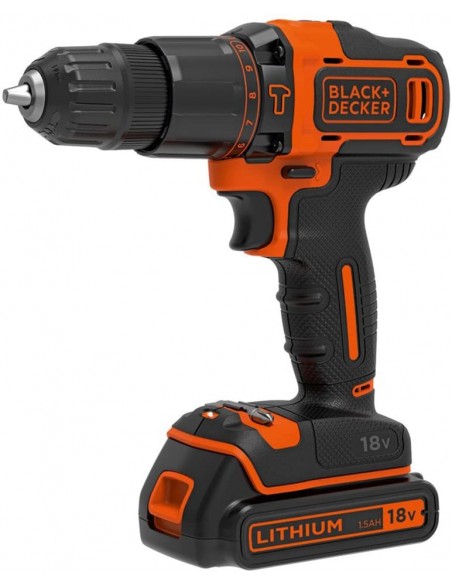 BLACK+DECKER Trapano Avvitatore Batteria a Percussione, 1 Batteria Litio, con 2 velocità meccaniche, 18V, BDCHD18K-QW Black&Deck
