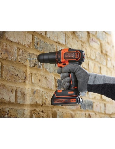 BLACK+DECKER Trapano Avvitatore Batteria a Percussione, 1 Batteria Litio, con 2 velocità meccaniche, 18V, BDCHD18K-QW Black&Deck