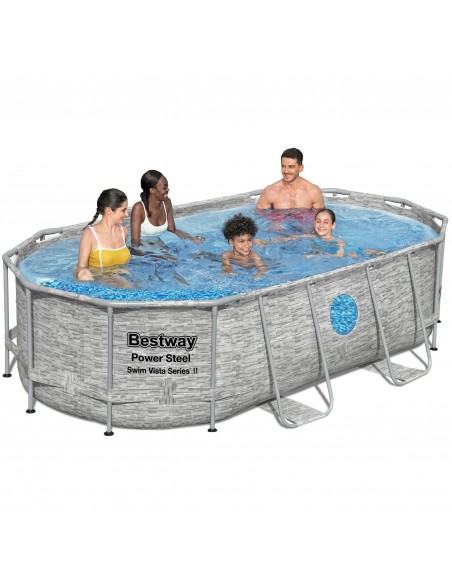 Piscina Ovale Con Oblò  427X250X100H Cm Con Telaio e Pompa BestWay Mod. Power Steel Swim Vista  56714 Grigio Pietra BESTWAY - 1
