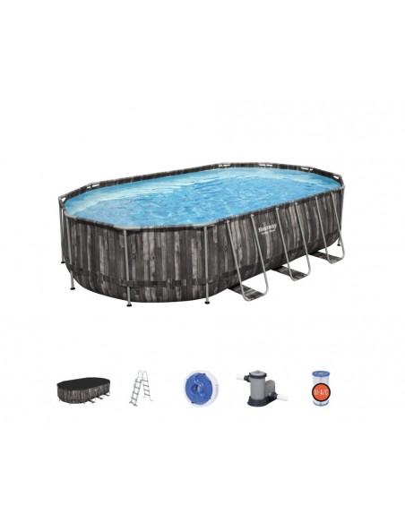 Piscina Ovale 610X366X122H Cm Con Telaio e Pompa BestWay Mod. Power Steel 5611R Legno Scuro BESTWAY - 2