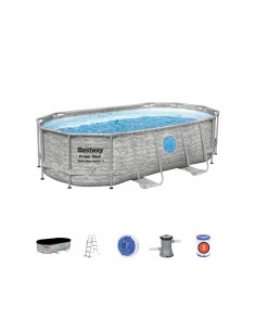 Piscina Ovale Con Oblò  427X250X100H Cm Con Telaio e Pompa BestWay Mod. Power Steel Swim Vista  56714 Grigio Pietra BESTWAY - 1 2