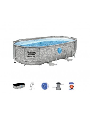 Piscina Ovale Con Oblò  427X250X100H Cm Con Telaio e Pompa BestWay Mod. Power Steel Swim Vista  56714 Grigio Pietra BESTWAY - 2