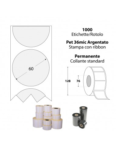 Rotolo da 1000 etichette Tonda adesive - 60x60 mm - Poliestere Argentato da 36 mic - Anima 76 - My Label