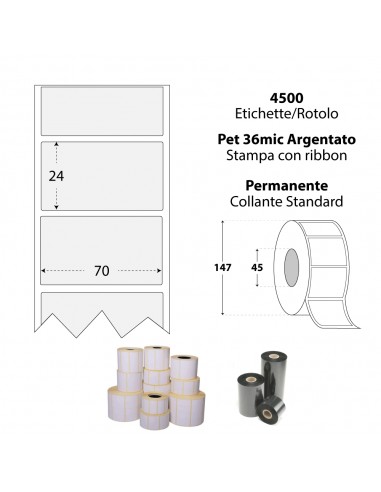 Rotolo da 4500 etichette adesive - 70x24 mm - Poliestere Argentato da 36 mic - Anima 45 - My Label