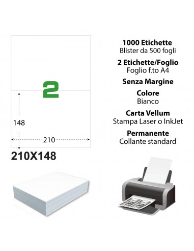 Etichette adesiva bianca 210x148 mm - 2 etichette per foglio A4 - A4210148 (conf.500 fogli) My Label - 1