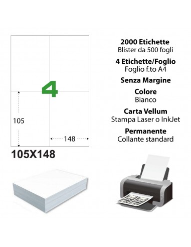 Etichette adesiva bianca 105x148,5 mm - 4 etichette per foglio A4 -A4105148 (conf.da 500 fogli) My Label - 3