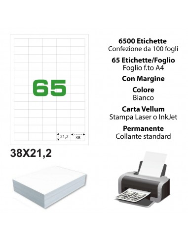 Etichette adesiva bianca 38x21,2 mm - 65 etichette per foglio A4 - A43821.2-100 (conf.100 fogli)